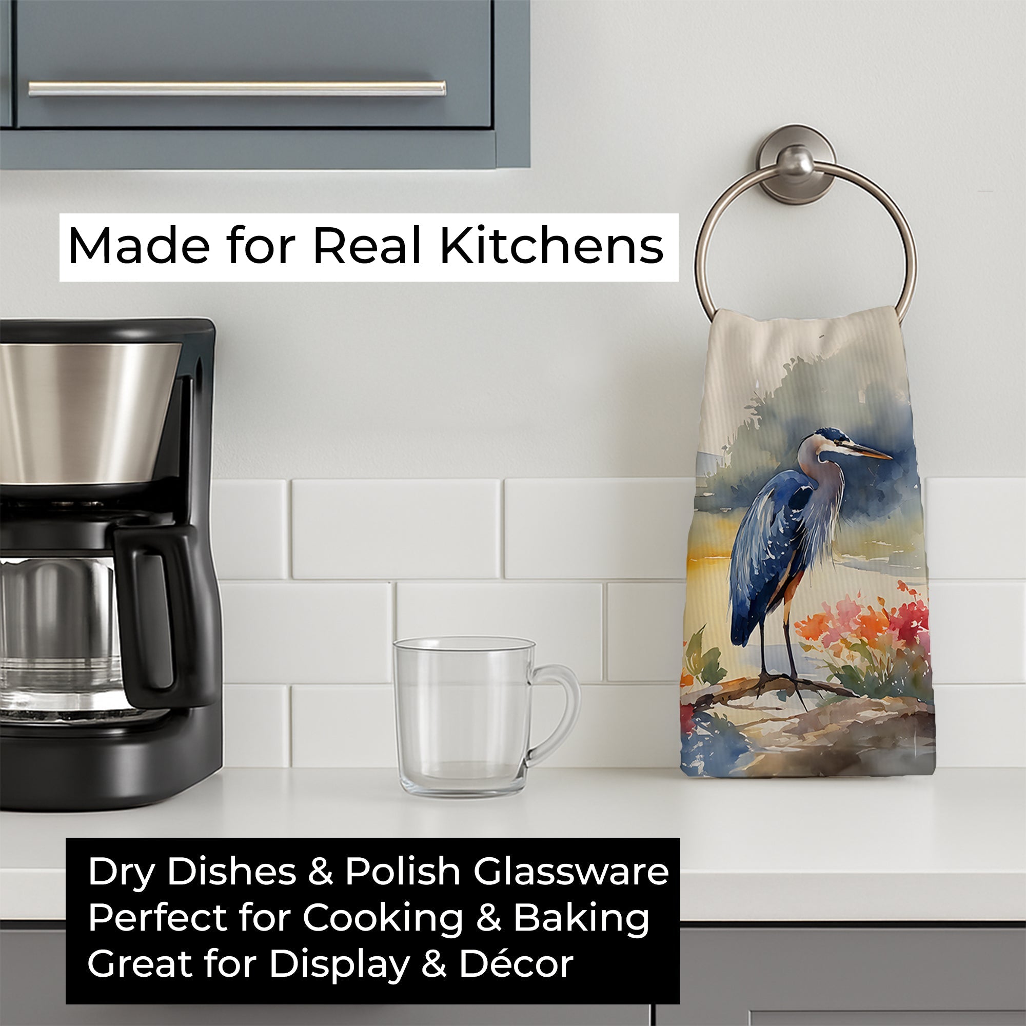 Blue Heron Kitchen Towel Velour Plush Front and Cotton Loop Back Machine Washable