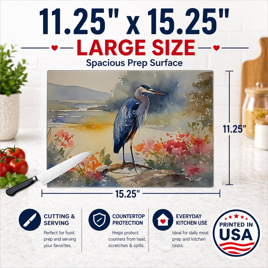 Blue Heron Cutting Board Tempered Glass Kitchen Cutting Surface, Heat Resistant Chopping, Non-Slip Feet, Food Prep & Serving
