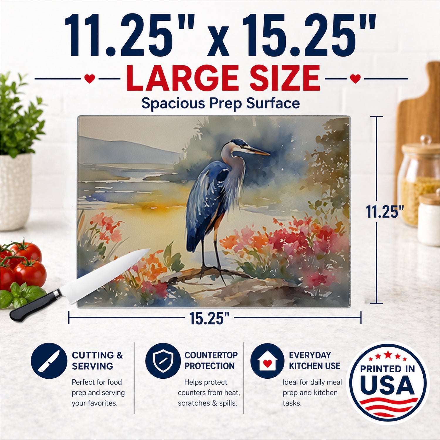 Blue Heron Cutting Board Tempered Glass Kitchen Cutting Surface, Heat Resistant Chopping, Non-Slip Feet, Food Prep & Serving