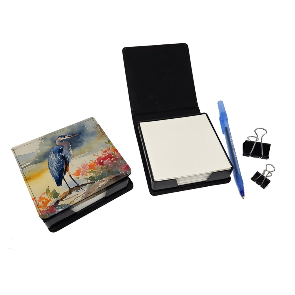 Blue Heron PU Leather Note Paper Holder with Artist-Designed Cover, Desk Accessory, Office Gift