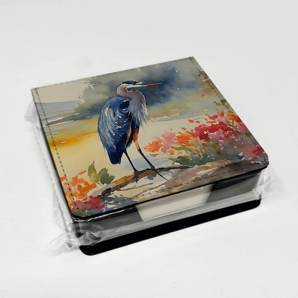 Blue Heron PU Leather Note Paper Holder with Artist-Designed Cover, Desk Accessory, Office Gift