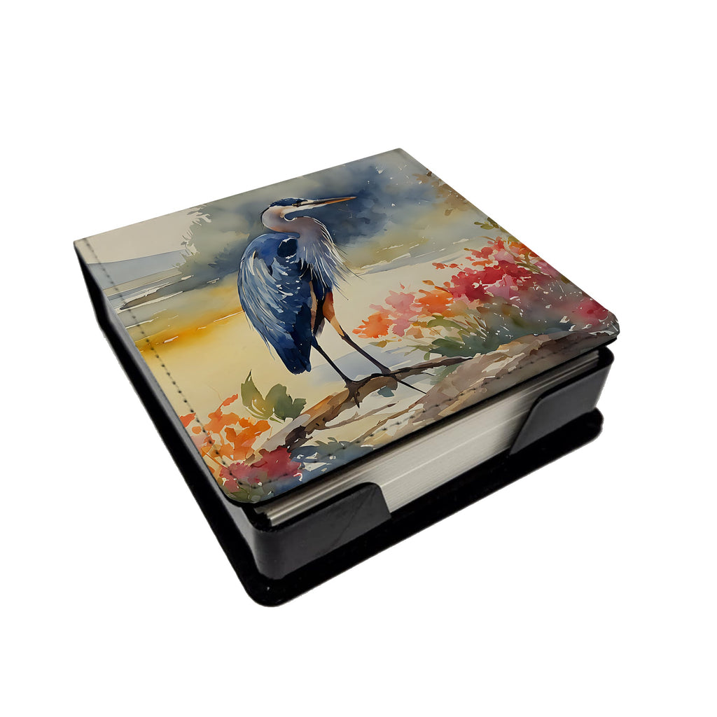 Blue Heron PU Leather Note Paper Holder with Artist-Designed Cover, Desk Accessory, Office Gift