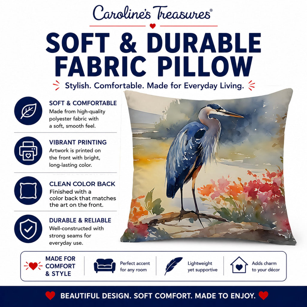 Blue Heron Decorative Throw Pillow 14x14 Indoor Outdoor Accent Cushion, Fabric Cover with Insert for Sofa, Bed, Porch & Living Room