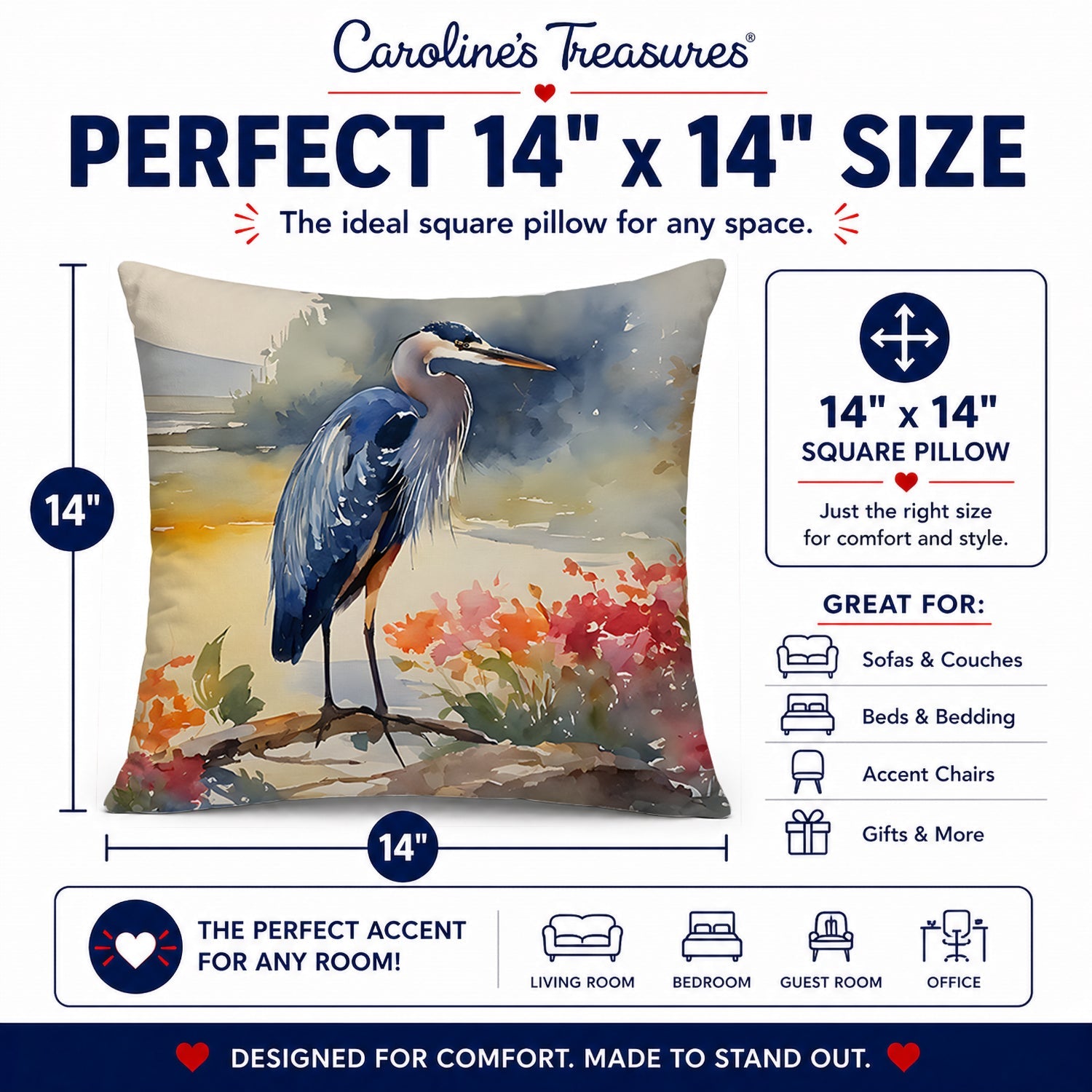 Blue Heron Decorative Throw Pillow 14x14 Indoor Outdoor Accent Cushion, Fabric Cover with Insert for Sofa, Bed, Porch & Living Room