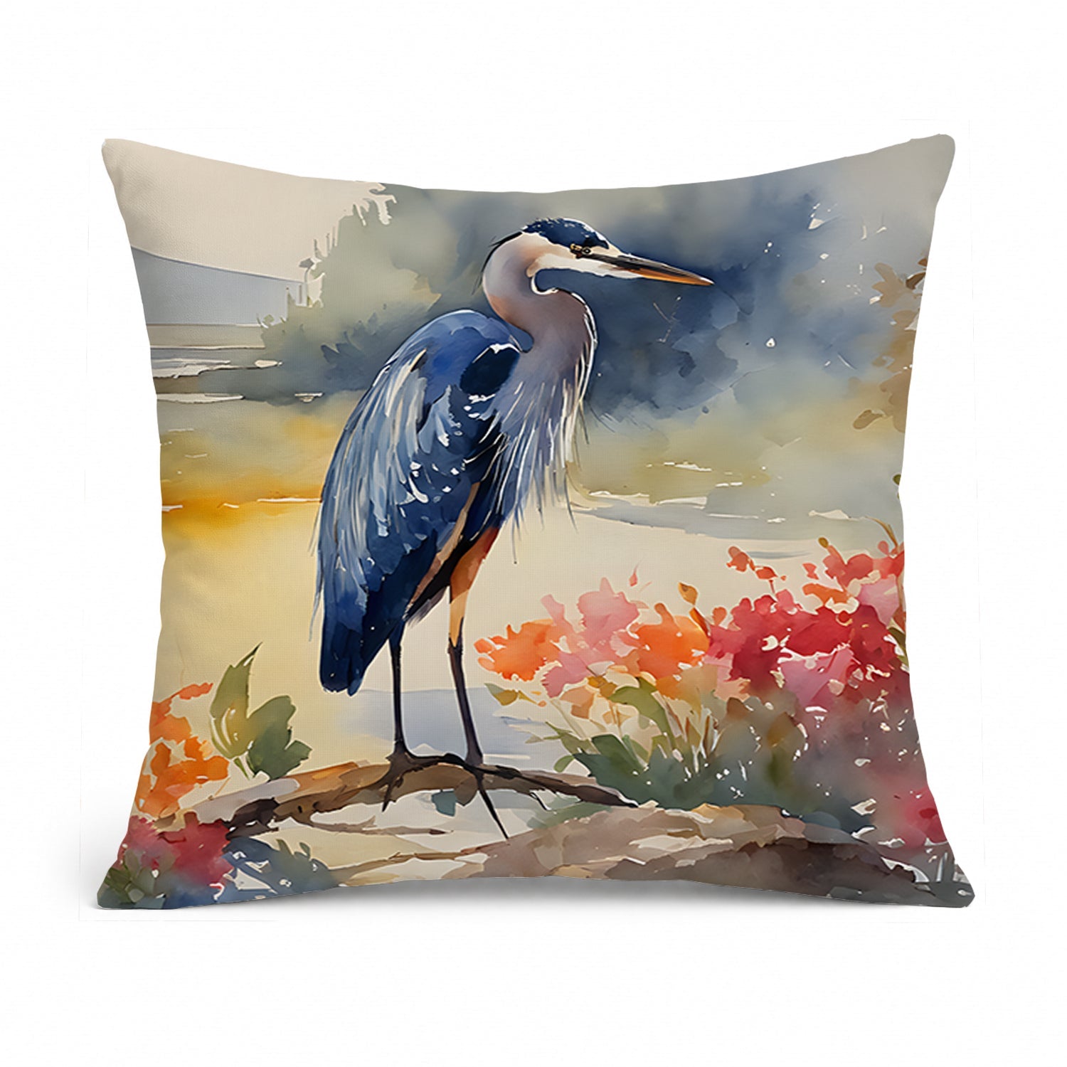 Blue Heron Decorative Throw Pillow 14x14 Indoor Outdoor Accent Cushion, Fabric Cover with Insert for Sofa, Bed, Porch & Living Room