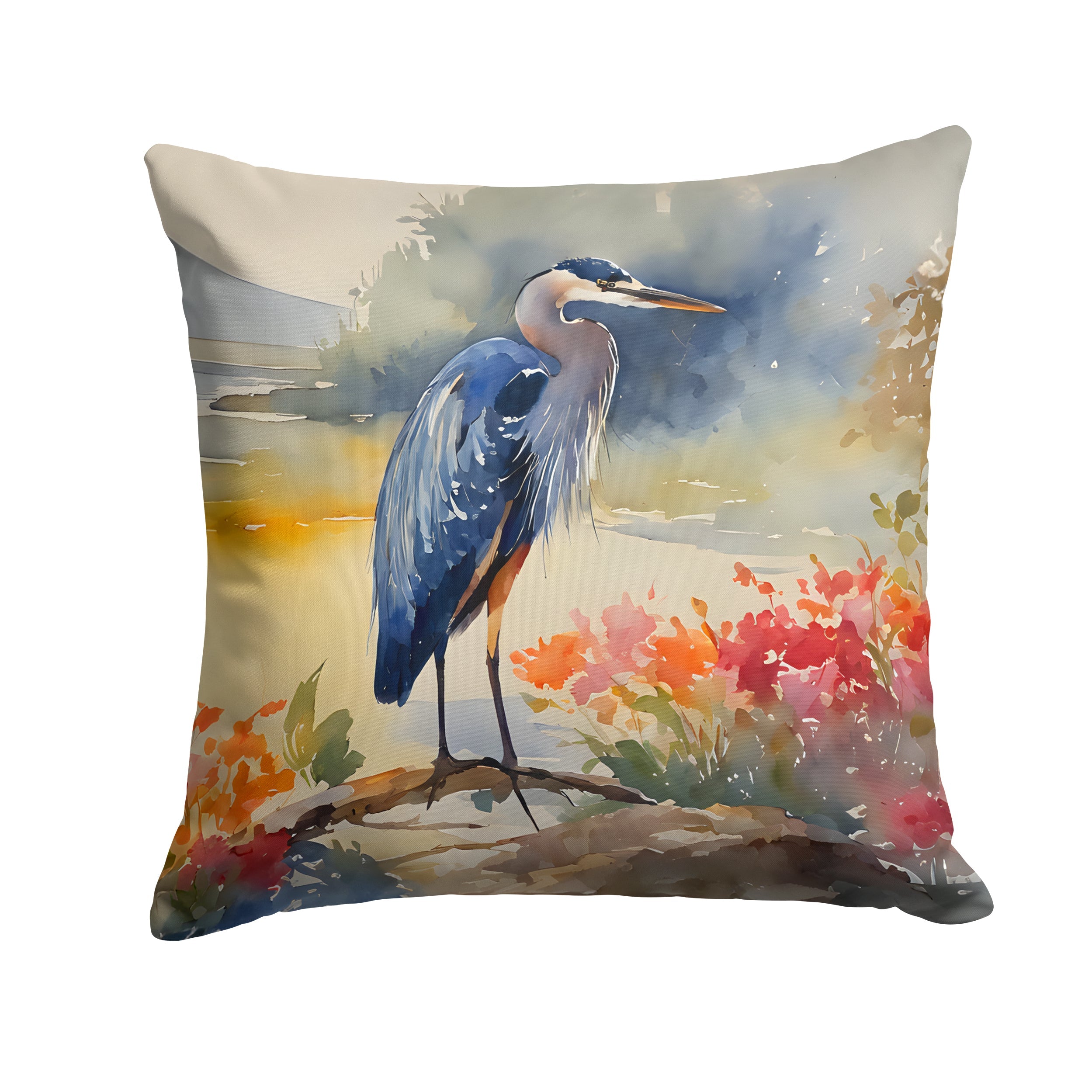 Blue Heron Decorative Throw Pillow 18x18 Indoor Outdoor Accent Cushion, Fabric Cover with Insert for Sofa, Bed, Porch & Living Room