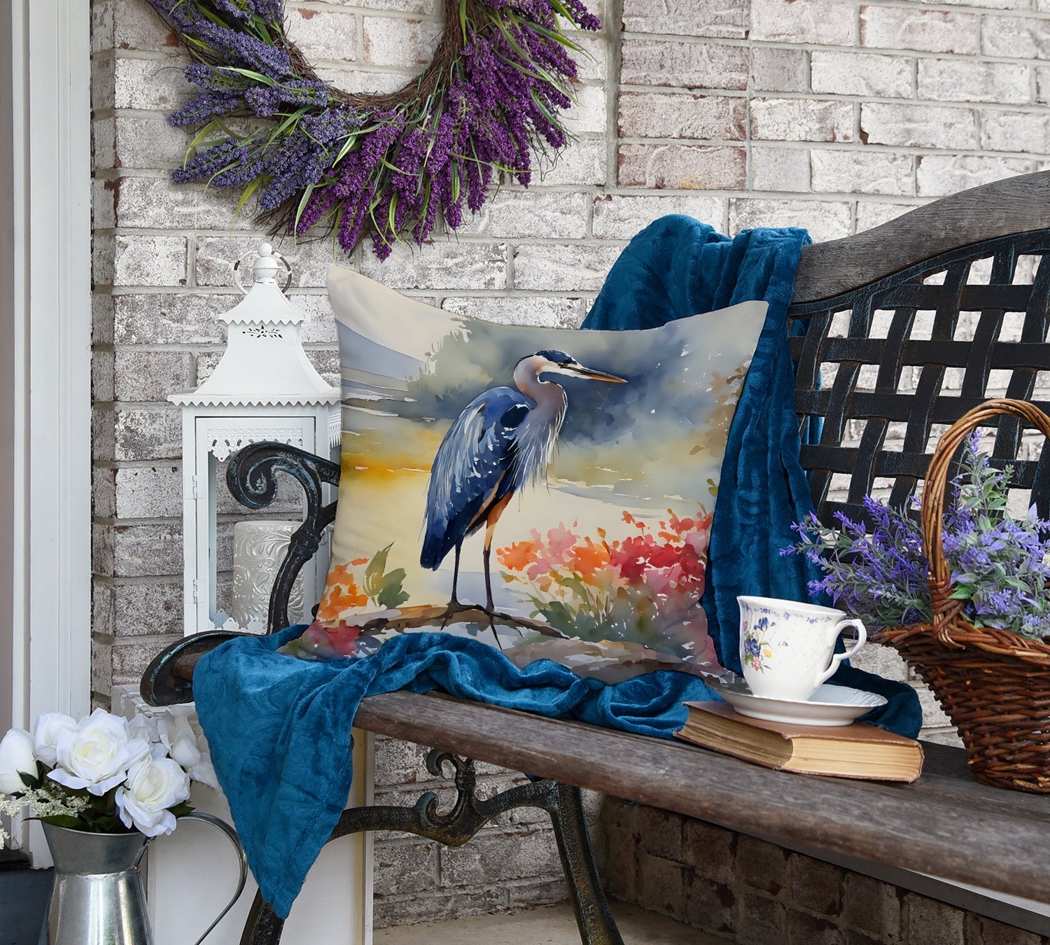 Blue Heron Decorative Throw Pillow 18x18 Indoor Outdoor Accent Cushion, Fabric Cover with Insert for Sofa, Bed, Porch & Living Room