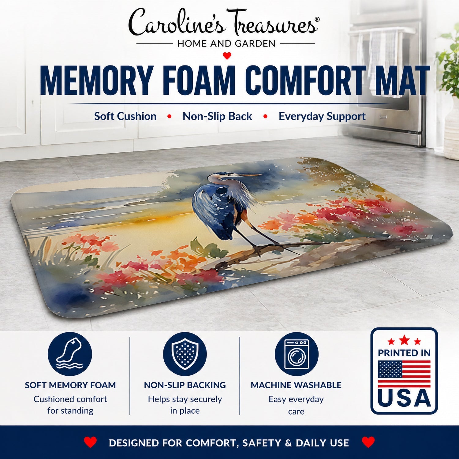 Blue Heron Memory Foam Kitchen Mat Machine Washable Anti-Fatigue Cushion Comfort Bath or Kitchen Rug