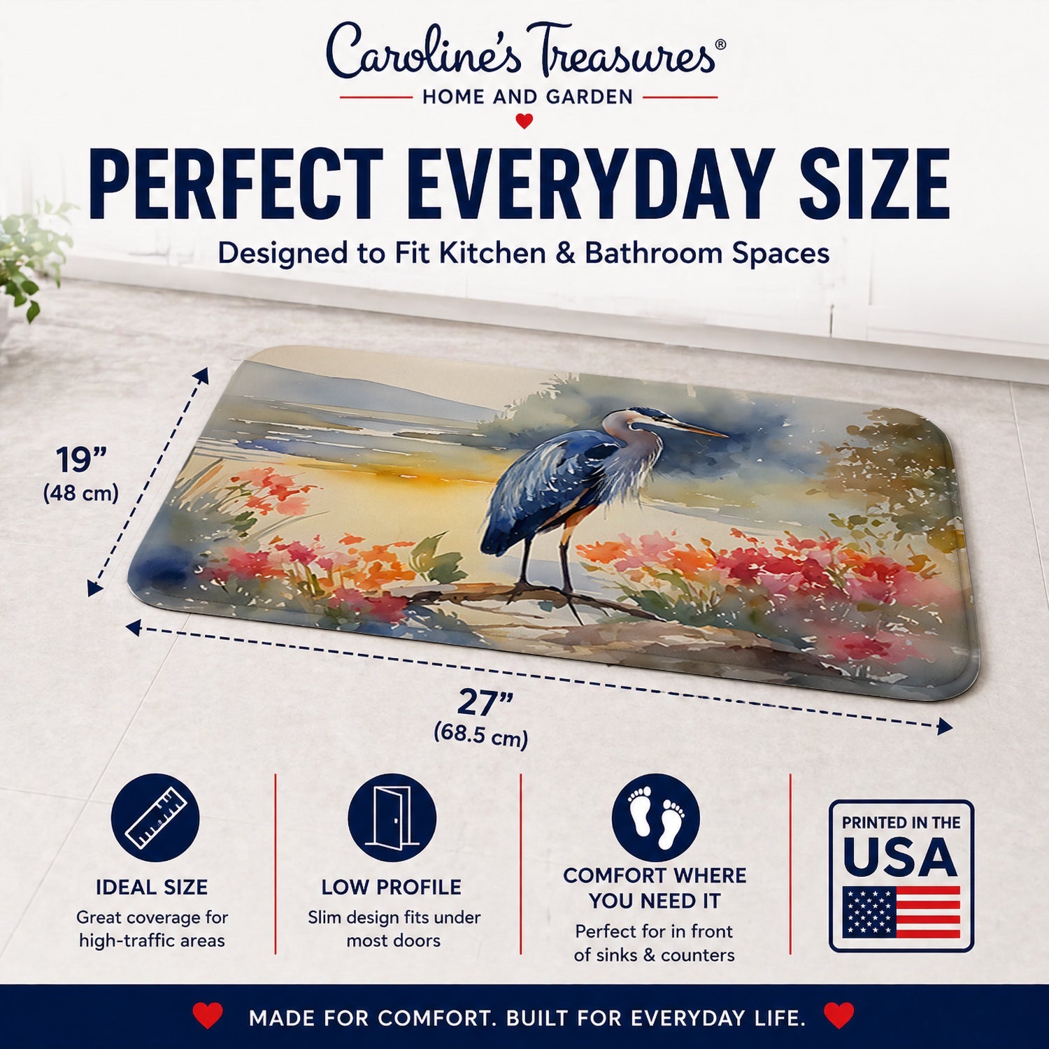 Blue Heron Memory Foam Kitchen Mat Machine Washable Anti-Fatigue Cushion Comfort Bath or Kitchen Rug