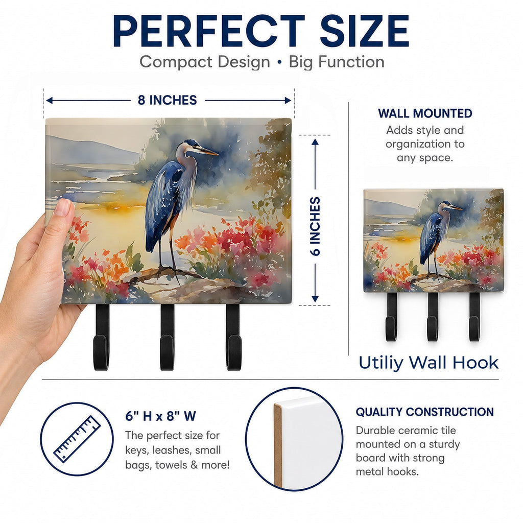 Blue Heron Leash or Key Holder Wall Hooks, Coat Rack Wall Mount, for Hanging Keys, Towels, Aprons, Leashes