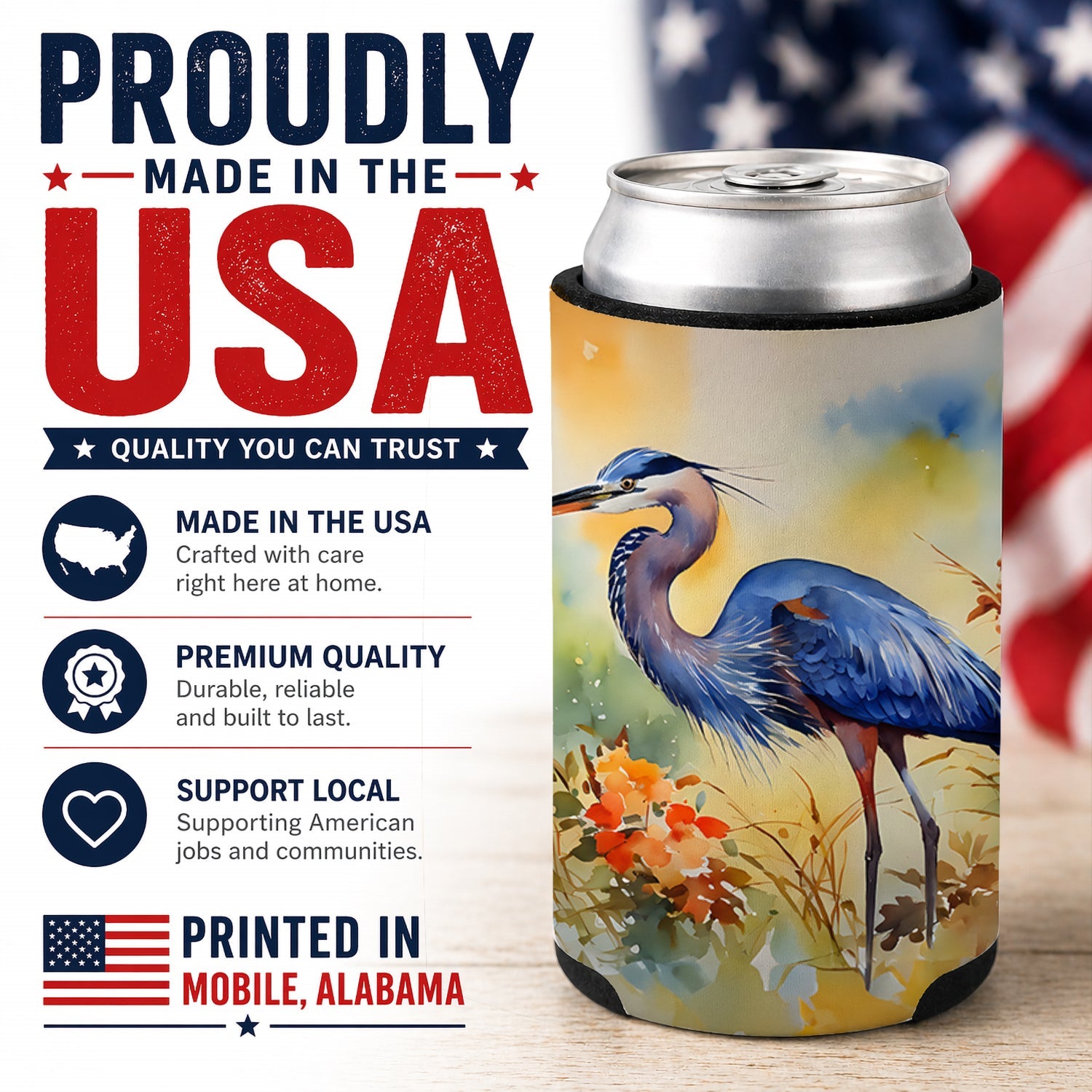Blue Heron Can or Bottle Hugger Cooler Sleeve for Standard 12 oz Cans, Insulated Foam Beer & Soda Can Hugger Reusable