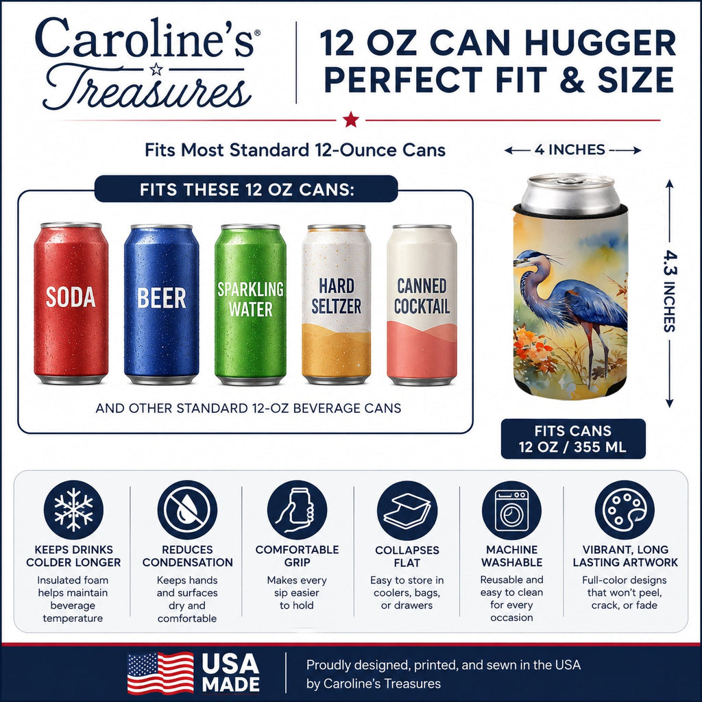 Blue Heron Can or Bottle Hugger Cooler Sleeve for Standard 12 oz Cans, Insulated Foam Beer & Soda Can Hugger Reusable