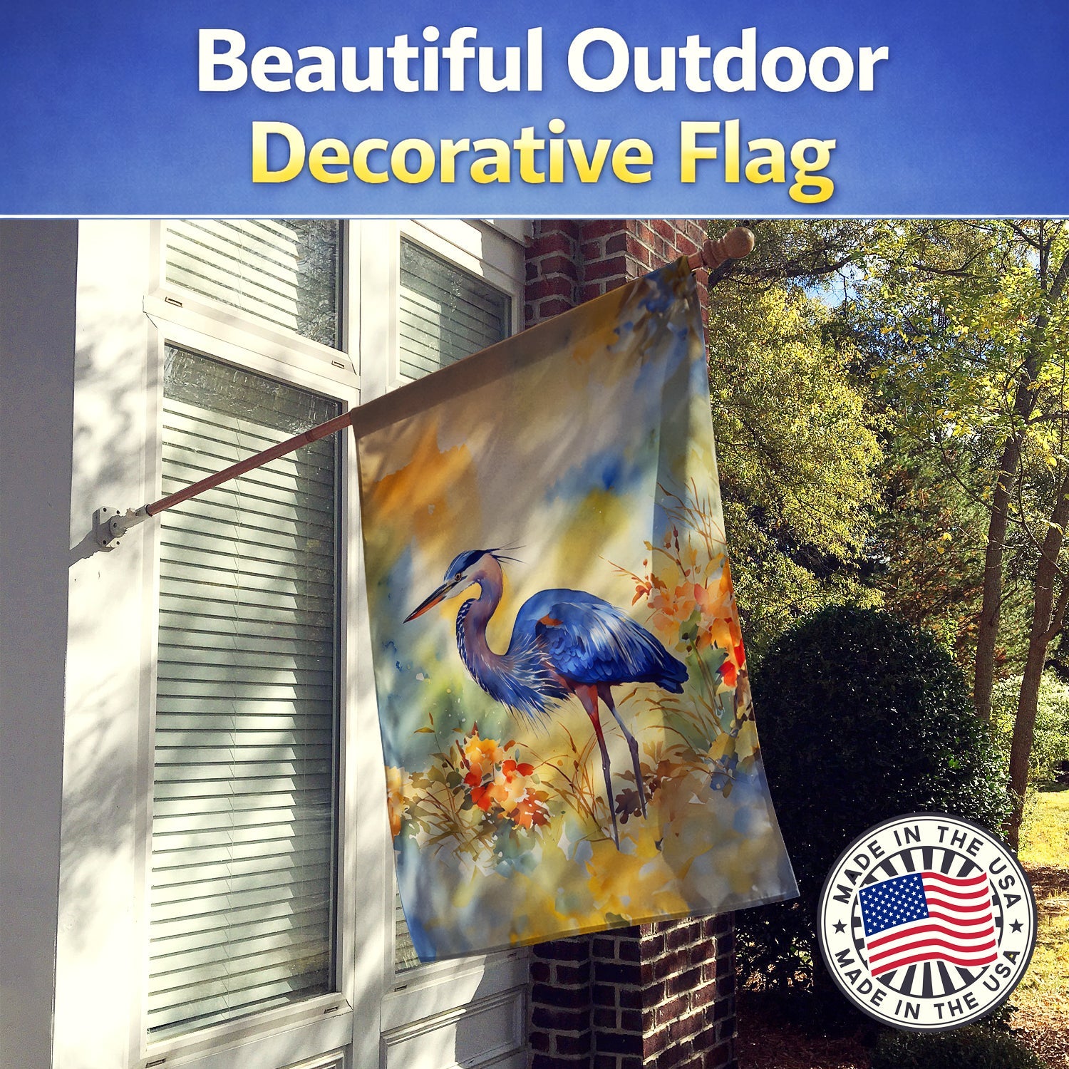 Blue Heron House Flag 28x40 Porch Sleeve Pole Decorative Outside Yard Banner Artwork Wall Hanging, Polyester