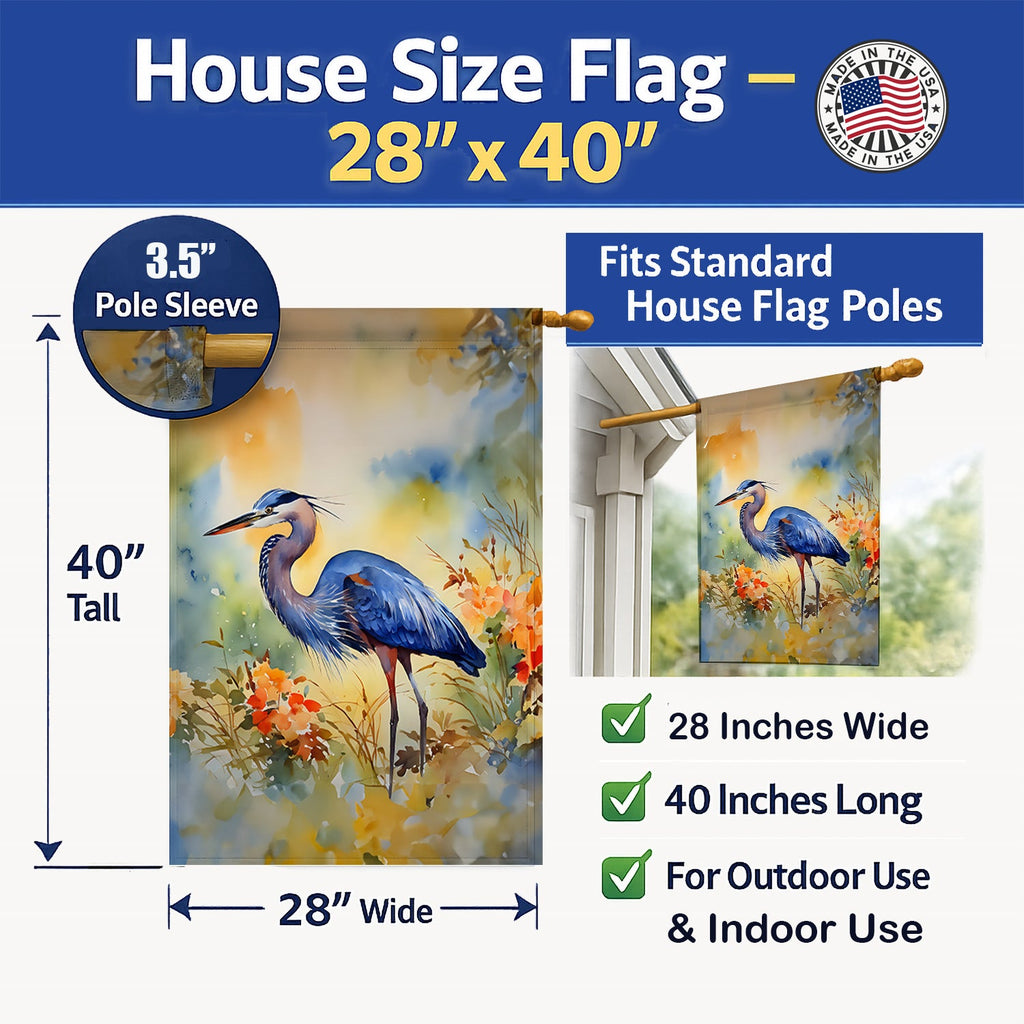 Blue Heron House Flag 28x40 Porch Sleeve Pole Decorative Outside Yard Banner Artwork Wall Hanging, Polyester