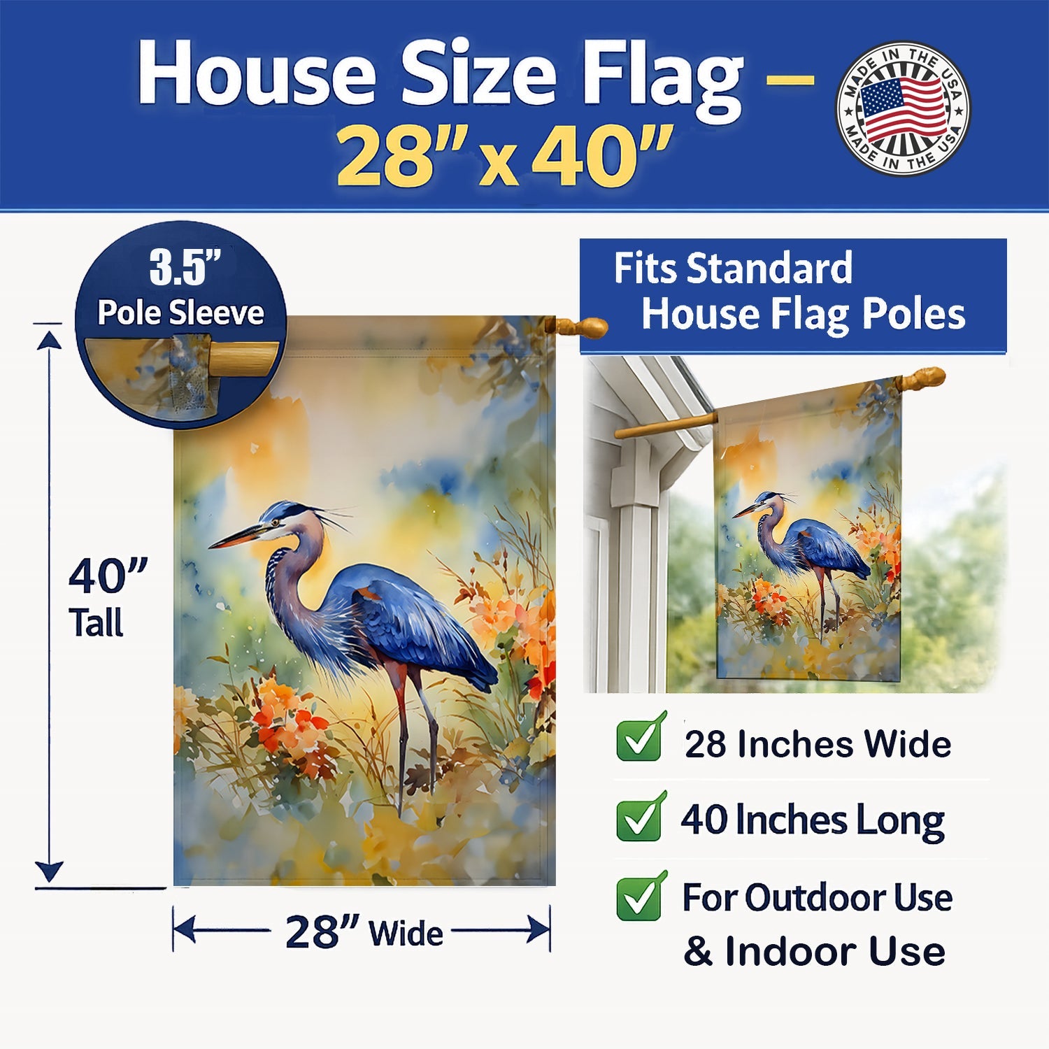 Blue Heron House Flag 28x40 Porch Sleeve Pole Decorative Outside Yard Banner Artwork Wall Hanging, Polyester