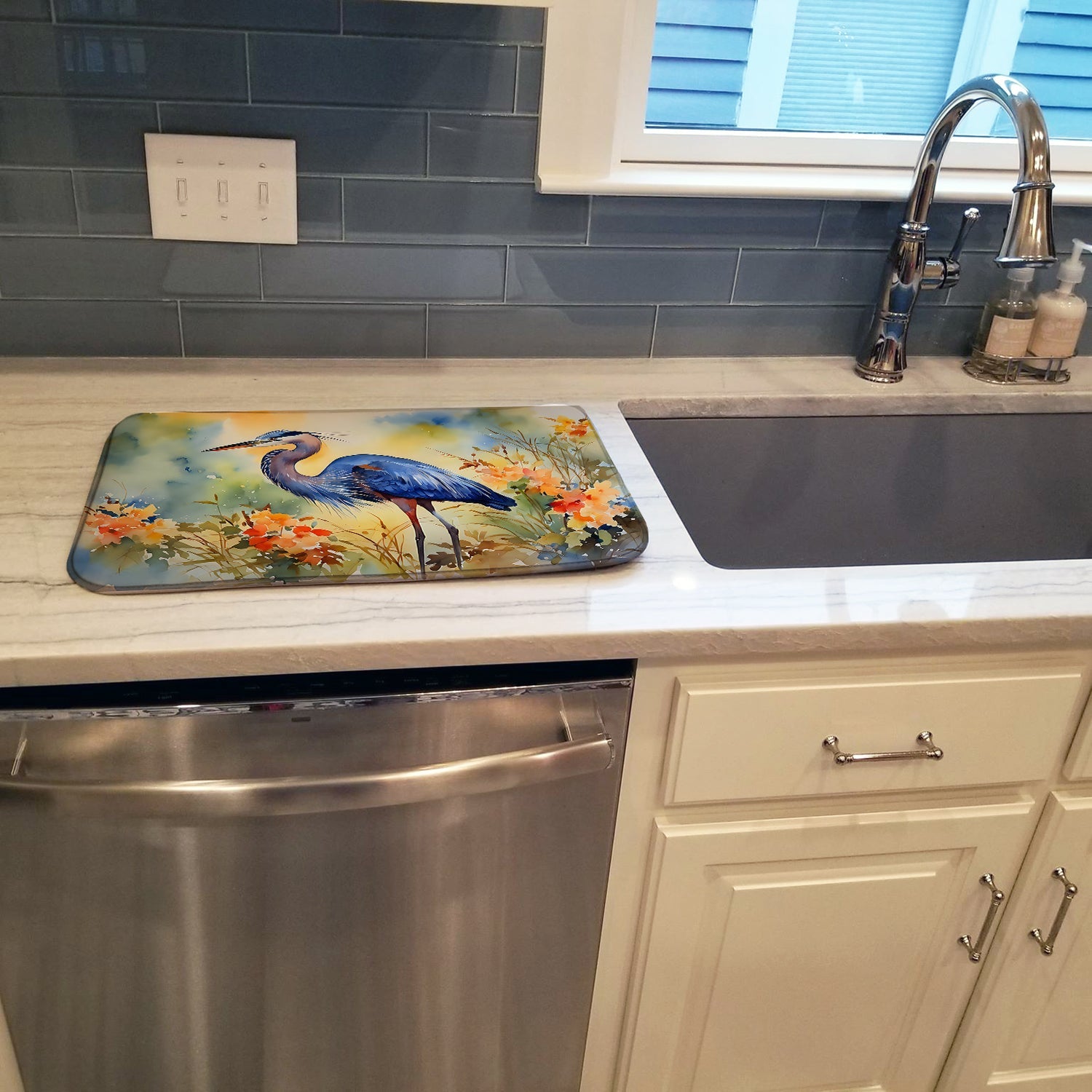 Blue Heron Dish Drying Mat Absorbent Dish Drying Mat Pad for Kitchen Counter Dish Drainer Mat for Countertop, 14 x 21", Multicolor