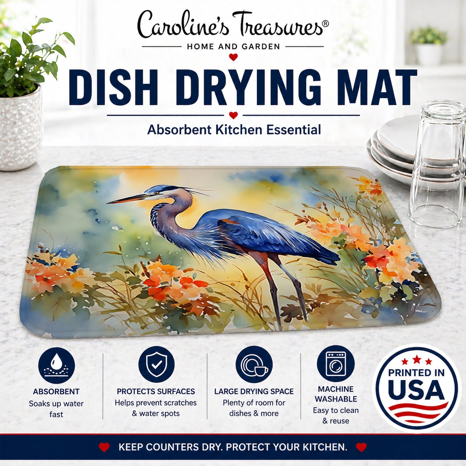 Blue Heron Dish Drying Mat Absorbent Dish Drying Mat Pad for Kitchen Counter Dish Drainer Mat for Countertop, 14 x 21", Multicolor
