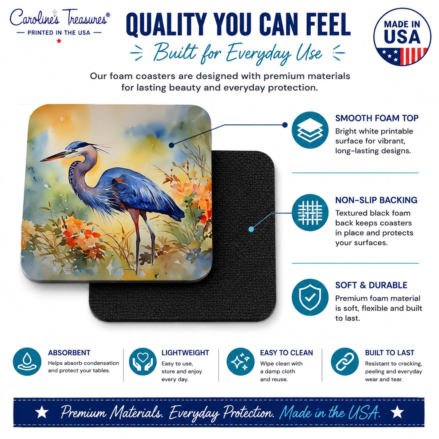Blue Heron Foam Coasters Set of 4 Cup Coasters for Indoor Outdoor, Tabletop Protection, Anti Slip, Mouse pad Material