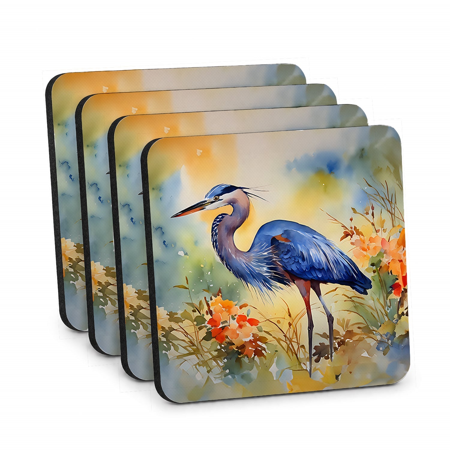 Blue Heron Foam Coasters Set of 4 Cup Coasters for Indoor Outdoor, Tabletop Protection, Anti Slip, Mouse pad Material