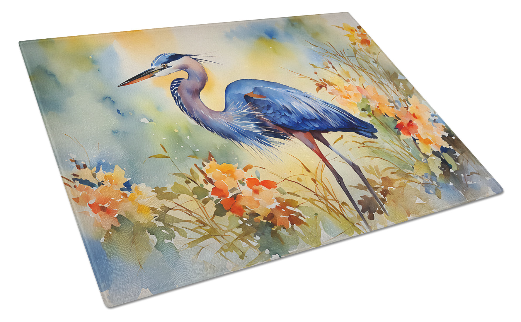 Blue Heron Cutting Board Tempered Glass Kitchen Cutting Surface, Heat Resistant Chopping, Non-Slip Feet, Food Prep & Serving