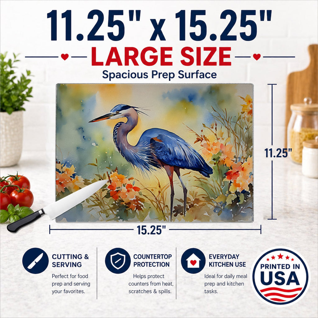 Blue Heron Cutting Board Tempered Glass Kitchen Cutting Surface, Heat Resistant Chopping, Non-Slip Feet, Food Prep & Serving