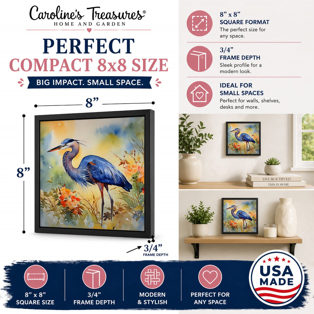 Blue Heron Framed Metal Print Bathroom, Kitchen, Office, Home Decor Wall Art Ready to Hang, Square, 8X8