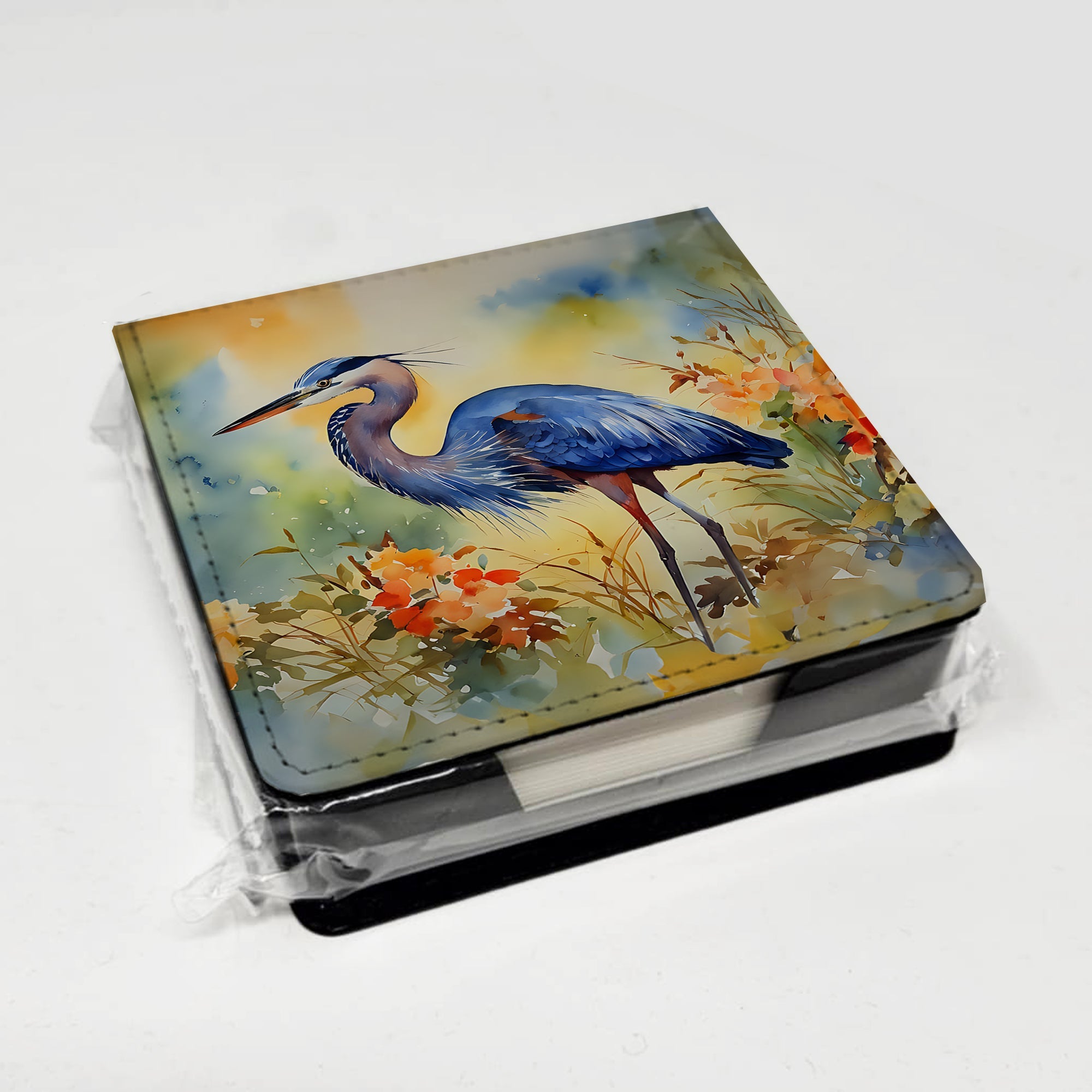 Blue Heron PU Leather Note Paper Holder with Artist-Designed Cover, Desk Accessory, Office Gift