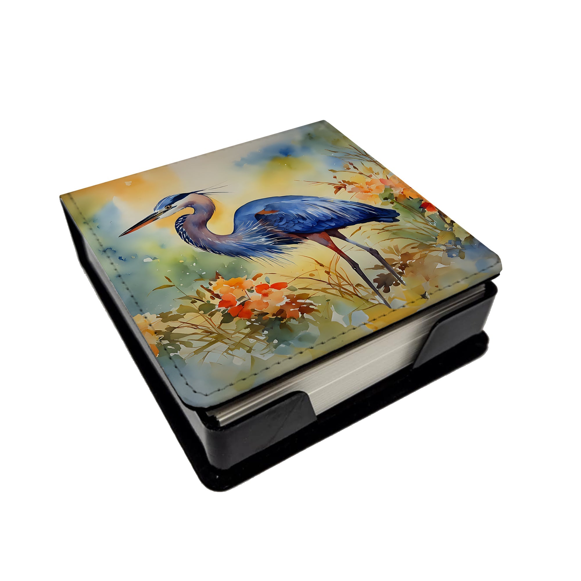 Blue Heron PU Leather Note Paper Holder with Artist-Designed Cover, Desk Accessory, Office Gift