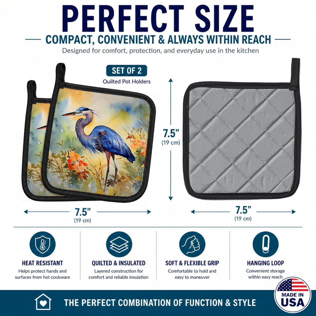 Blue Heron Pot Holder Set of 2 Heat Resistant Quilted Hot Pads 7.5 x 7.5 Inch, Insulated Kitchen Trivets for Cooking & Baking