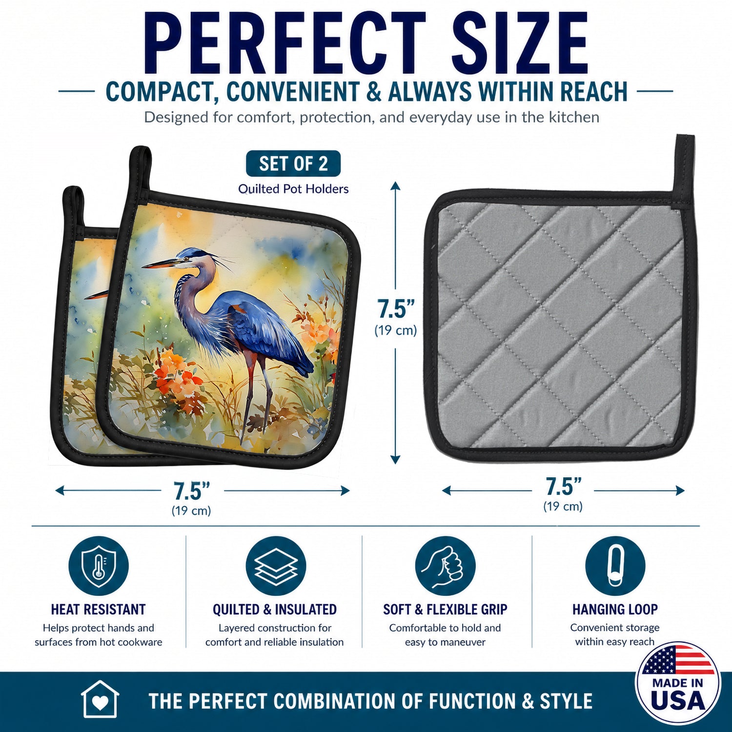 Blue Heron Pot Holder Set of 2 Heat Resistant Quilted Hot Pads 7.5 x 7.5 Inch, Insulated Kitchen Trivets for Cooking & Baking
