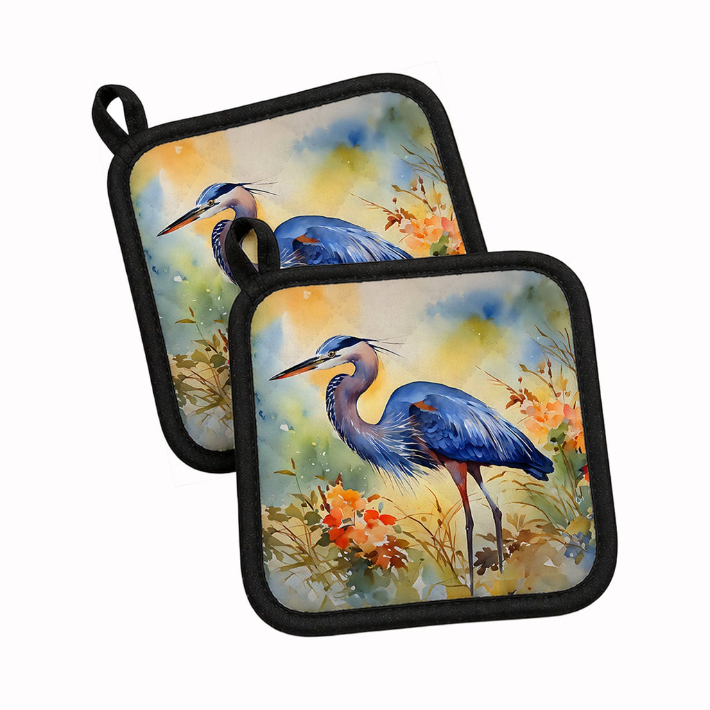 Blue Heron Pot Holder Set of 2 Heat Resistant Quilted Hot Pads 7.5 x 7.5 Inch, Insulated Kitchen Trivets for Cooking & Baking
