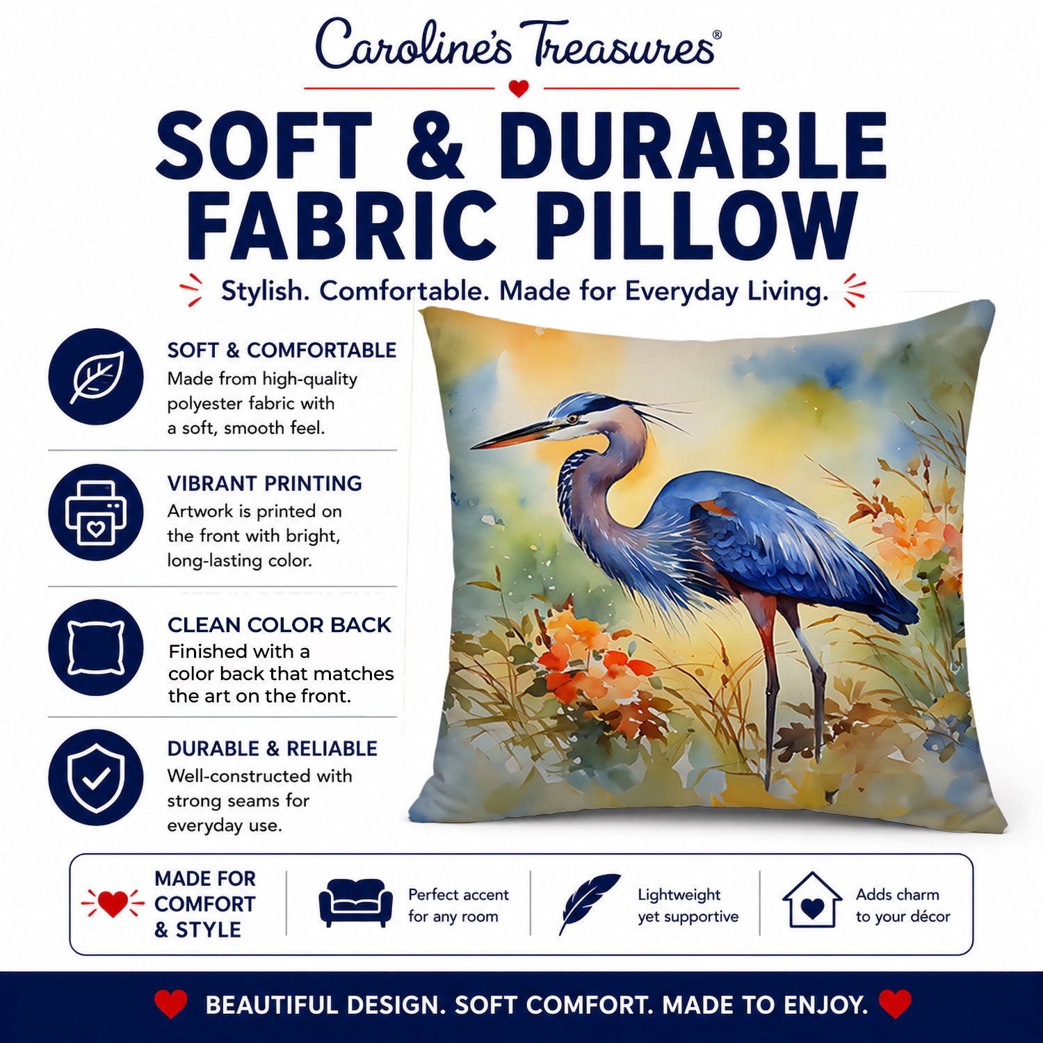 Blue Heron Decorative Throw Pillow 14x14 Indoor Outdoor Accent Cushion, Fabric Cover with Insert for Sofa, Bed, Porch & Living Room