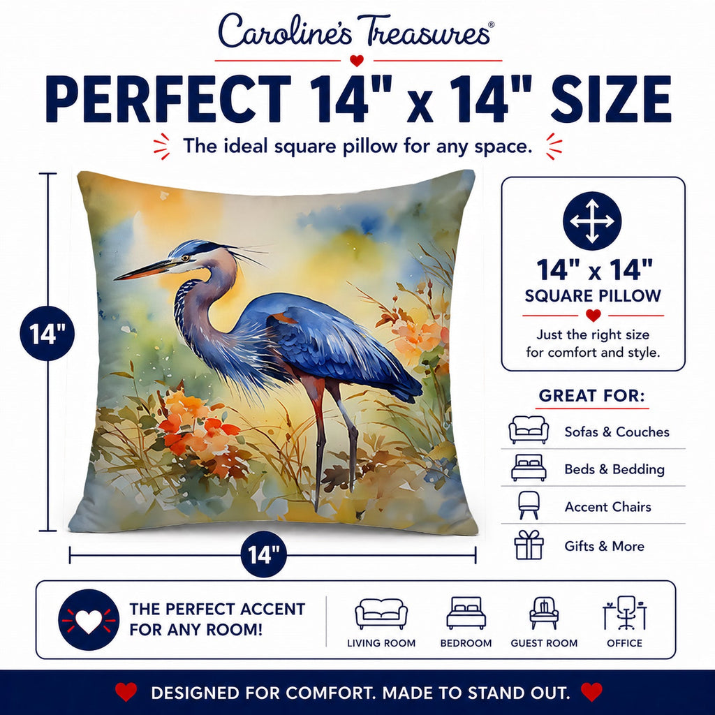 Blue Heron Decorative Throw Pillow 14x14 Indoor Outdoor Accent Cushion, Fabric Cover with Insert for Sofa, Bed, Porch & Living Room