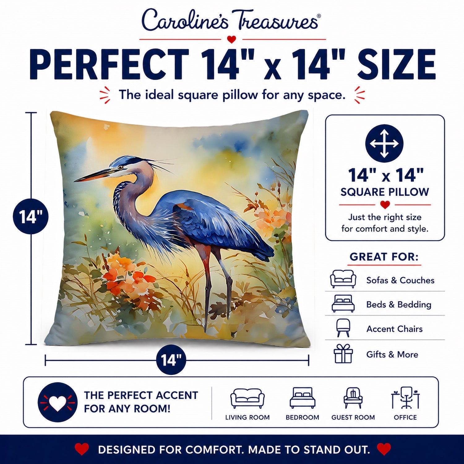 Blue Heron Decorative Throw Pillow 14x14 Indoor Outdoor Accent Cushion, Fabric Cover with Insert for Sofa, Bed, Porch & Living Room