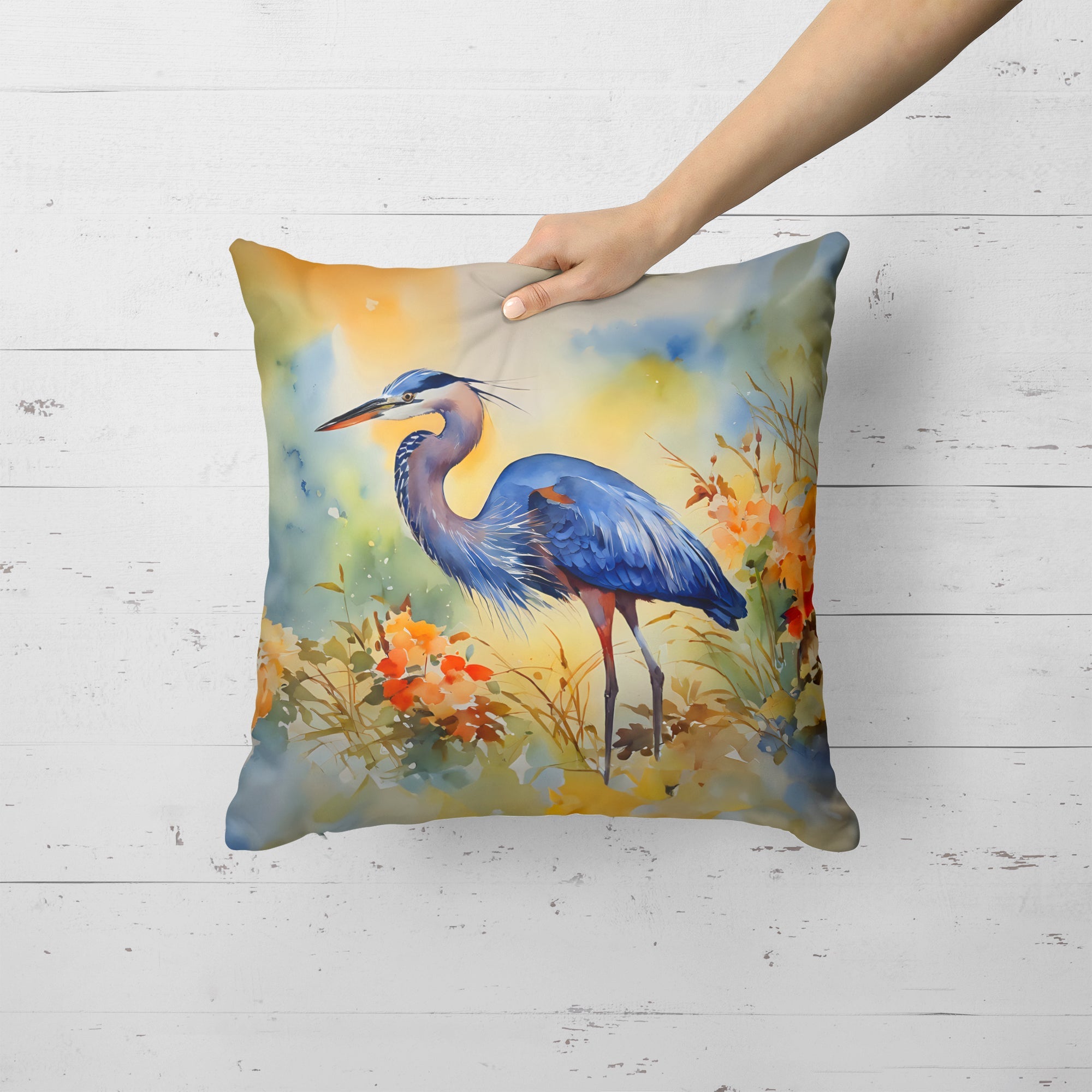 Blue Heron Decorative Throw Pillow 18x18 Indoor Outdoor Accent Cushion, Fabric Cover with Insert for Sofa, Bed, Porch & Living Room