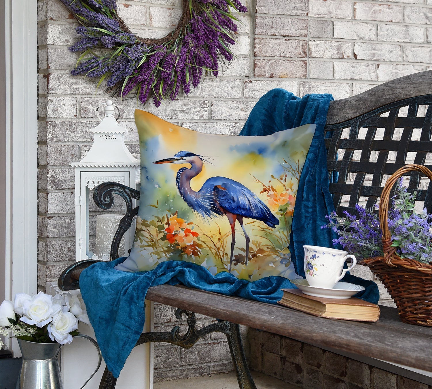 Blue Heron Decorative Throw Pillow 18x18 Indoor Outdoor Accent Cushion, Fabric Cover with Insert for Sofa, Bed, Porch & Living Room