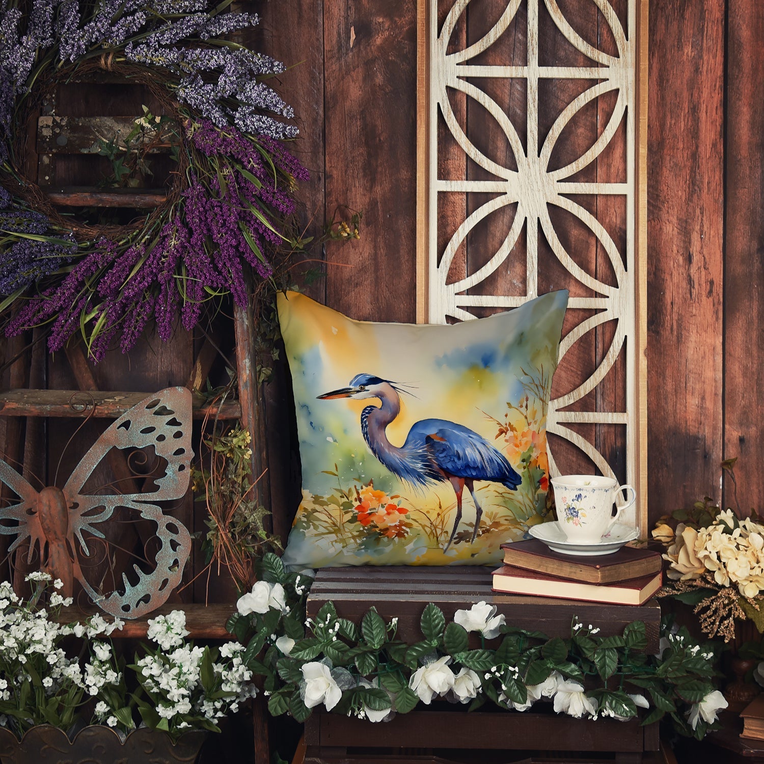Blue Heron Decorative Throw Pillow 18x18 Indoor Outdoor Accent Cushion, Fabric Cover with Insert for Sofa, Bed, Porch & Living Room