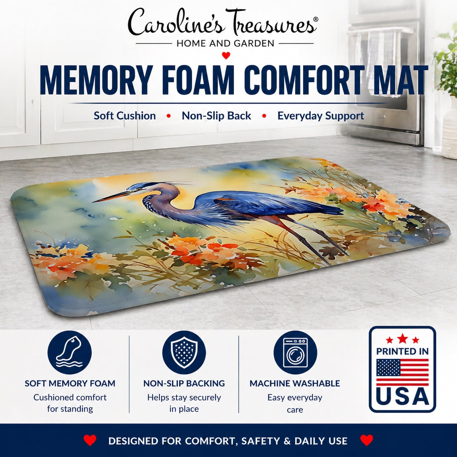 Blue Heron Memory Foam Kitchen Mat Machine Washable Anti-Fatigue Cushion Comfort Bath or Kitchen Rug