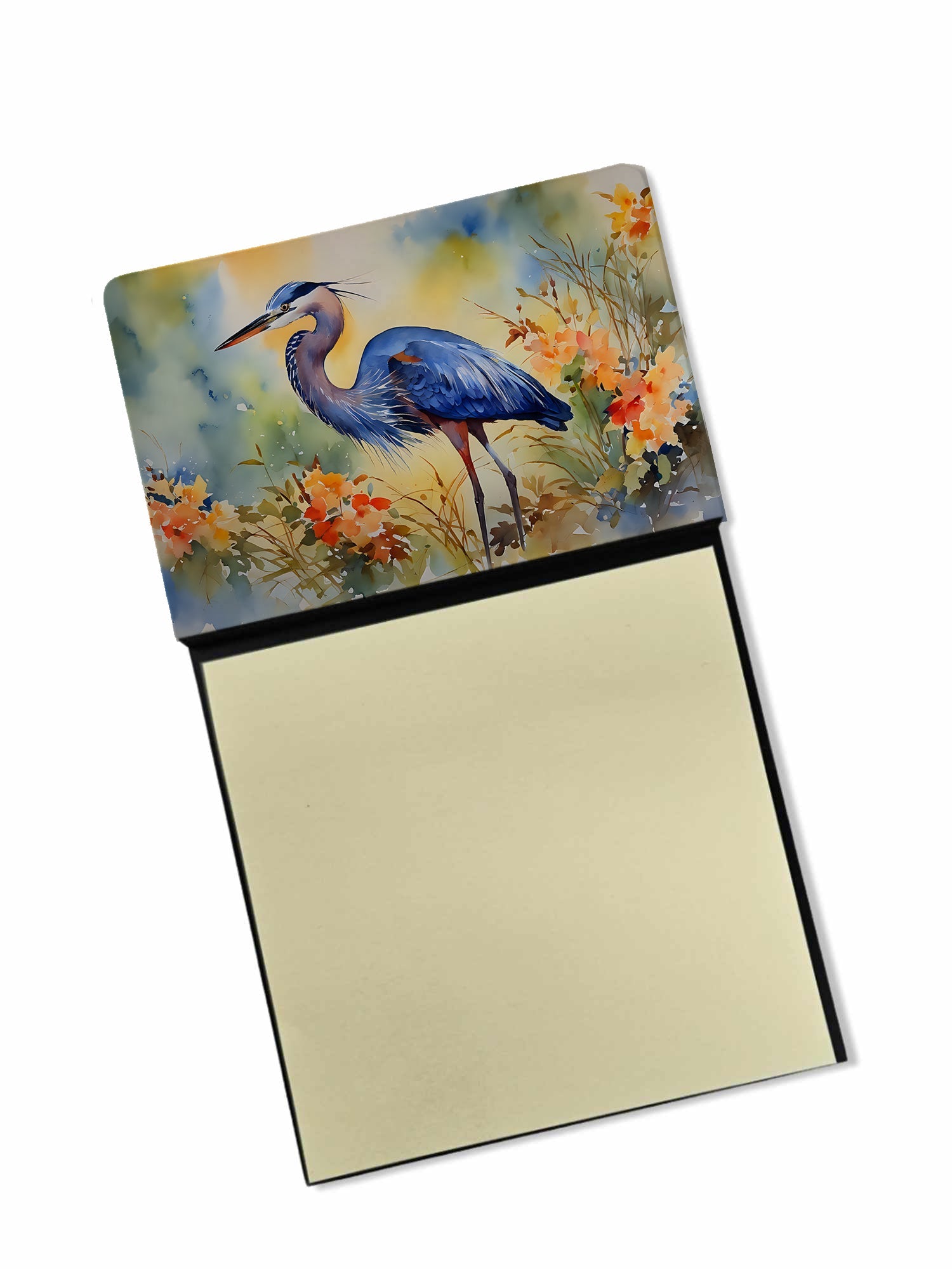 Blue Heron Watercolor Sticky Note Holder Refillable Dispenser Desk Accessory 3x3 Pad Gift
