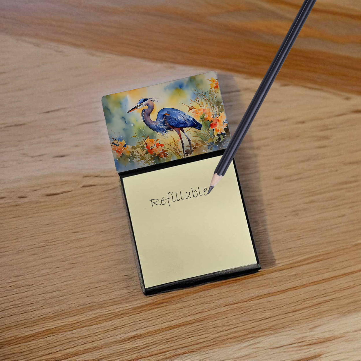 Blue Heron Watercolor Sticky Note Holder Refillable Dispenser Desk Accessory 3x3 Pad Gift