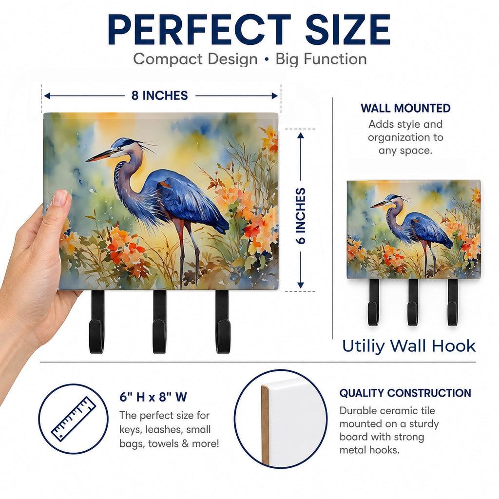 Blue Heron Leash or Key Holder Wall Hooks, Coat Rack Wall Mount, for Hanging Keys, Towels, Aprons, Leashes