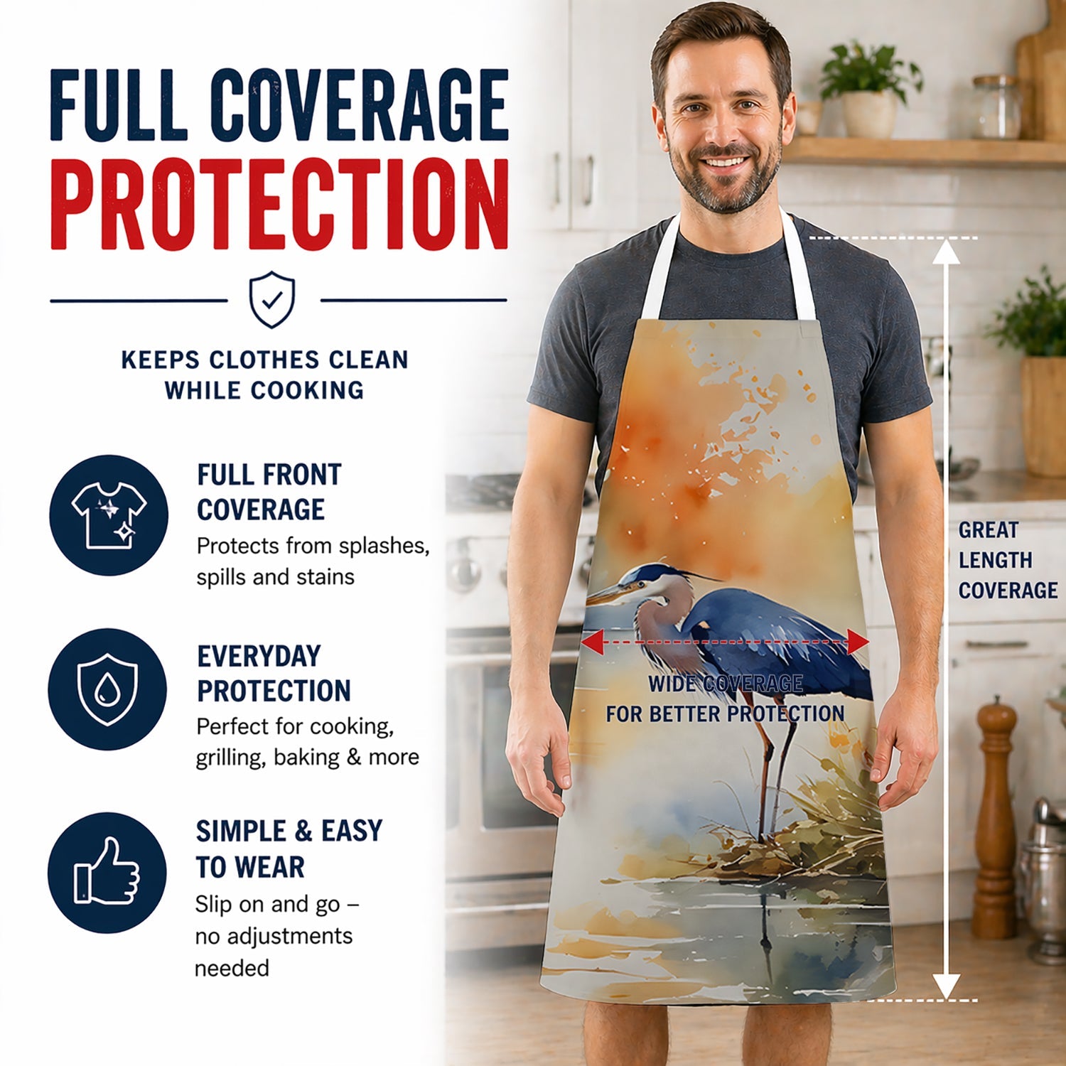 Blue Heron Apron Cooking Kitchen Server Baking Crafts Gardening for Adult Women Men, Unisex, Large, Multicolor