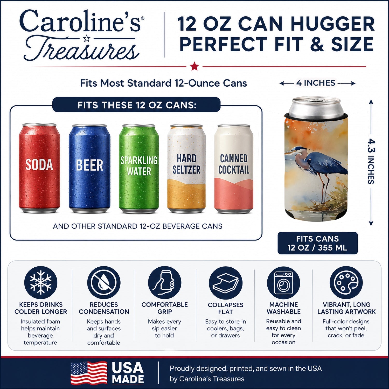Blue Heron Can or Bottle Hugger Cooler Sleeve for Standard 12 oz Cans, Insulated Foam Beer & Soda Can Hugger Reusable
