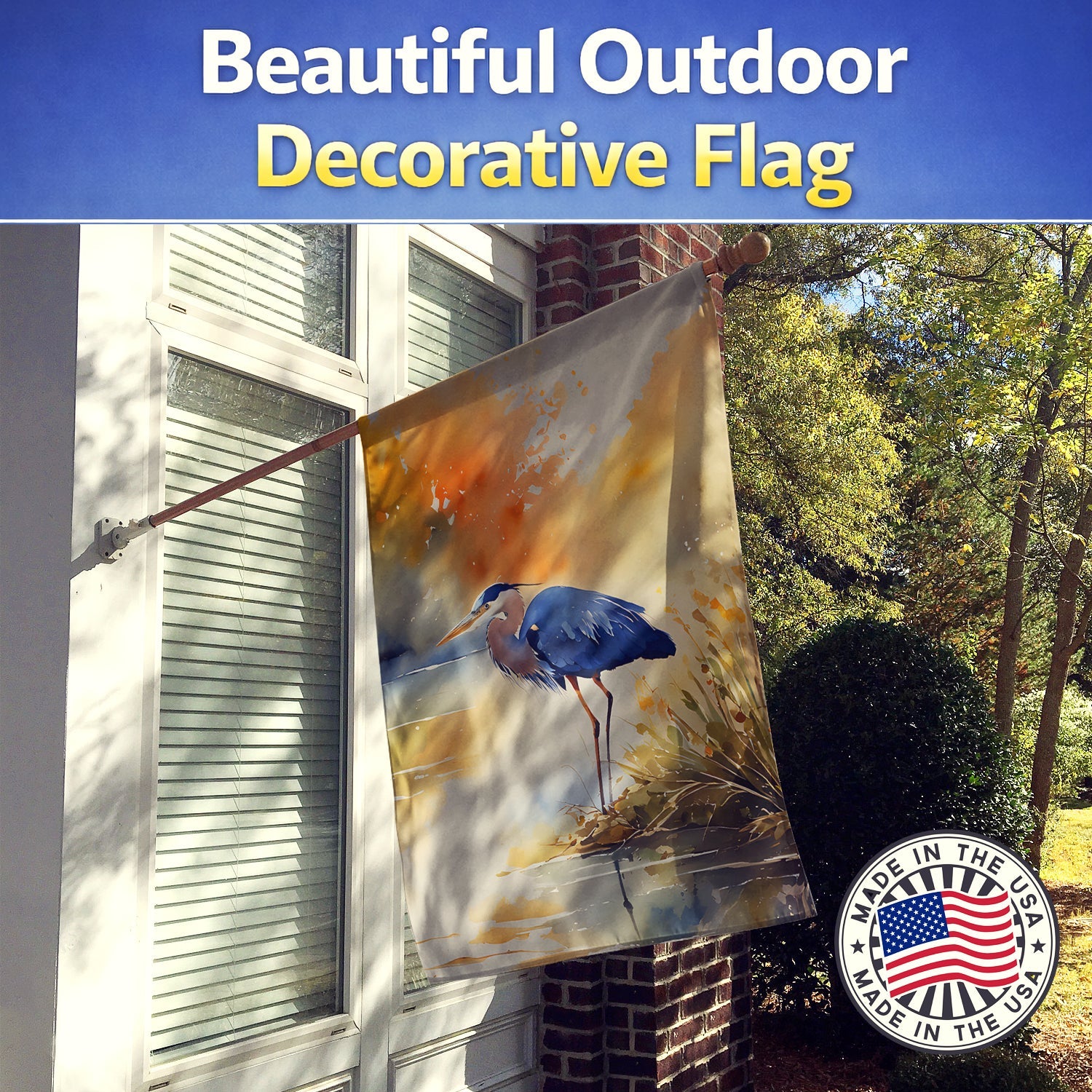 Blue Heron House Flag 28x40 Porch Sleeve Pole Decorative Outside Yard Banner Artwork Wall Hanging, Polyester