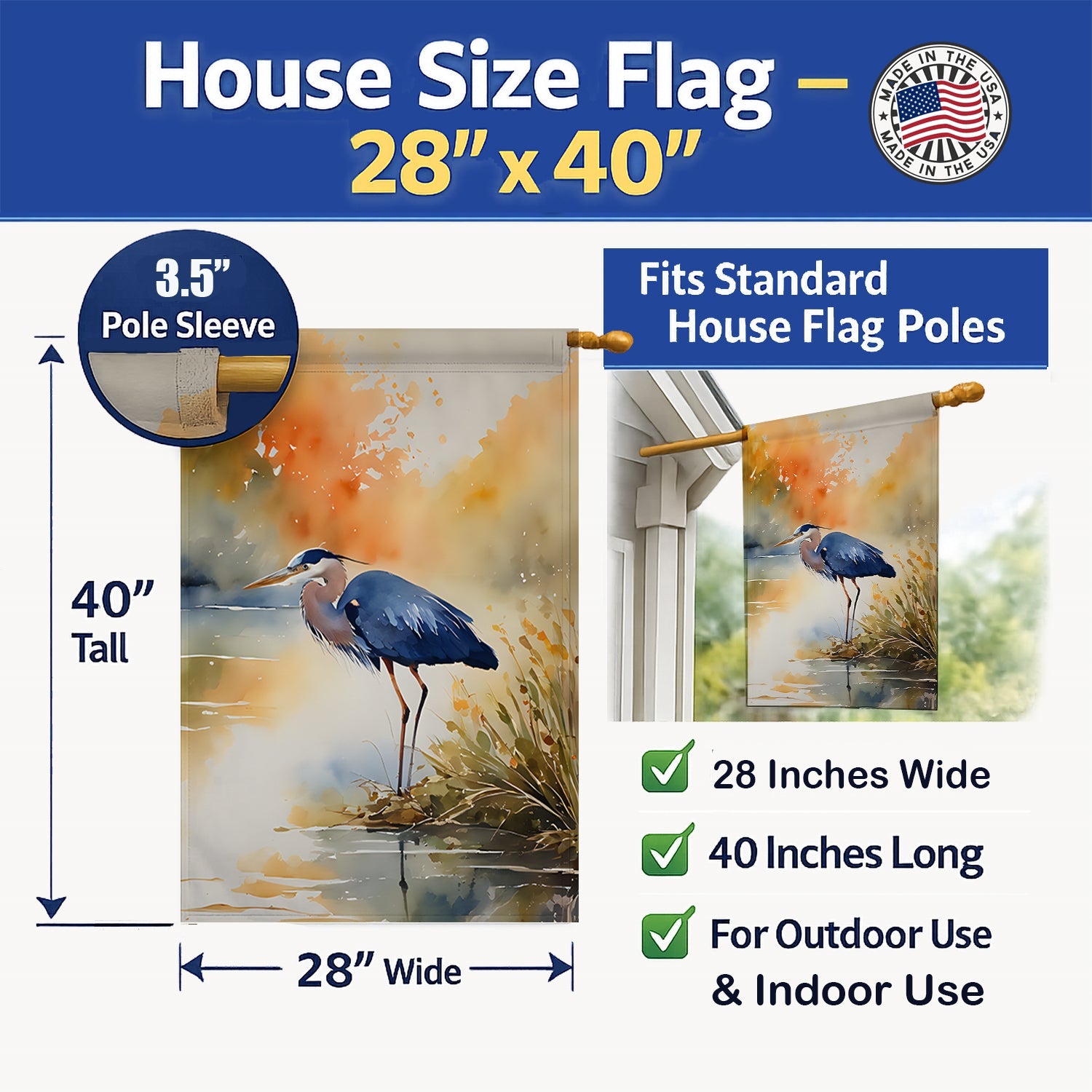 Blue Heron House Flag 28x40 Porch Sleeve Pole Decorative Outside Yard Banner Artwork Wall Hanging, Polyester