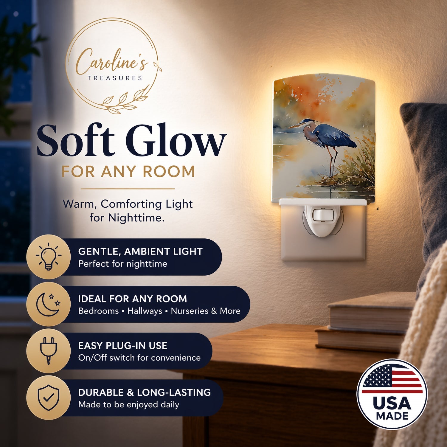 Blue Heron Ceramic Night Light Compact, UL-Certified, Ideal for Bedroom, Bathroom, Nursery, Hallway, Kitchen, 6x4x3, Multicolor