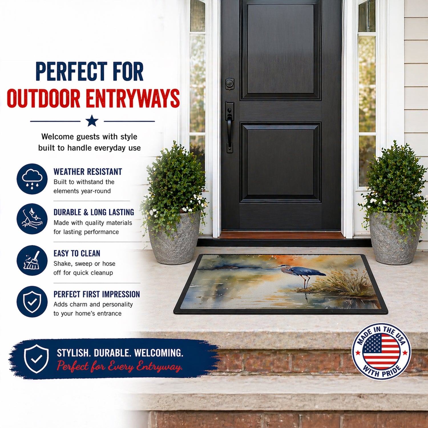 Blue Heron Doormat Indoor Outdoor 24H X 36W Front Door Mat Rugs for Entryway, Non Slip Washable Low Pile,