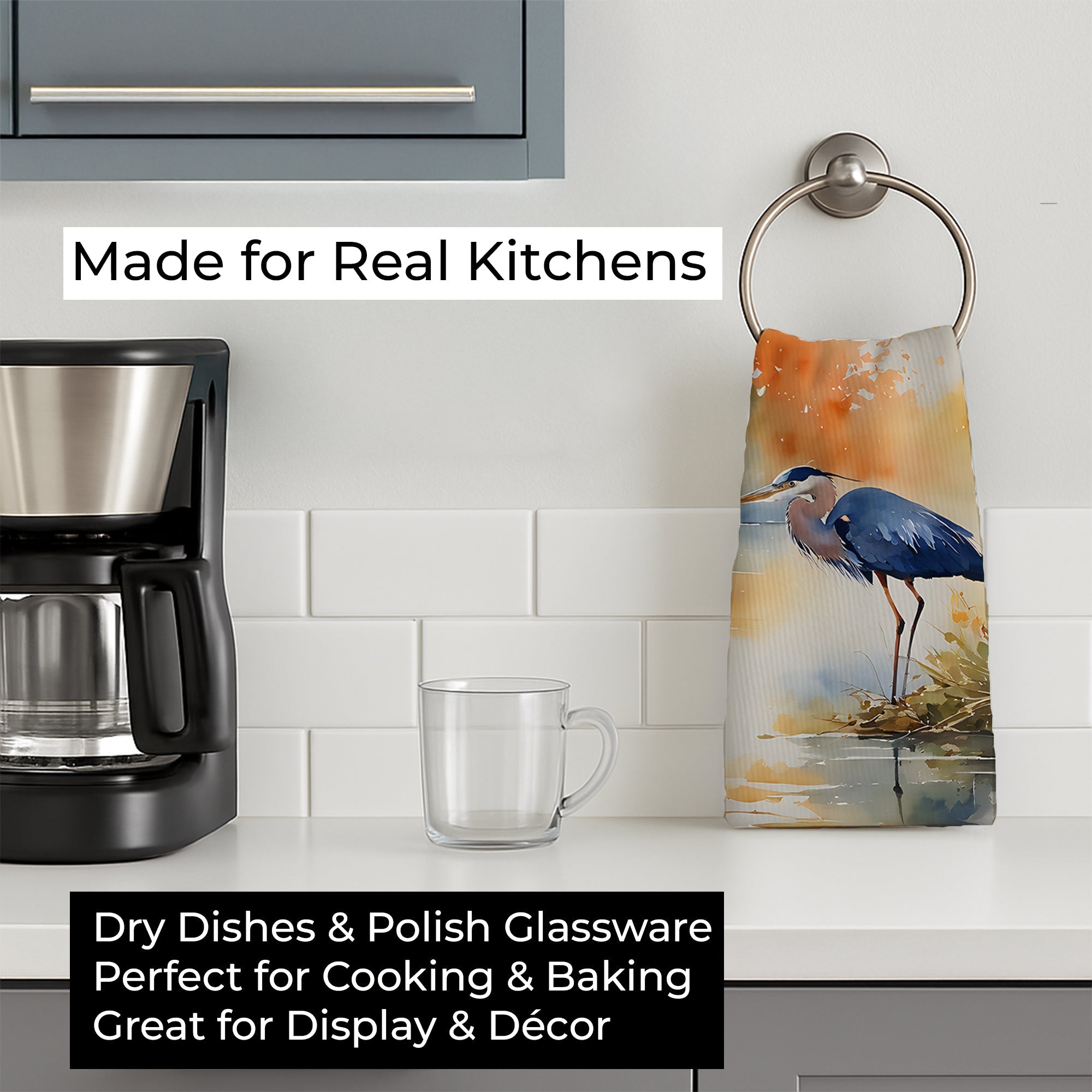 Blue Heron Kitchen Towel Velour Plush Front and Cotton Loop Back Machine Washable
