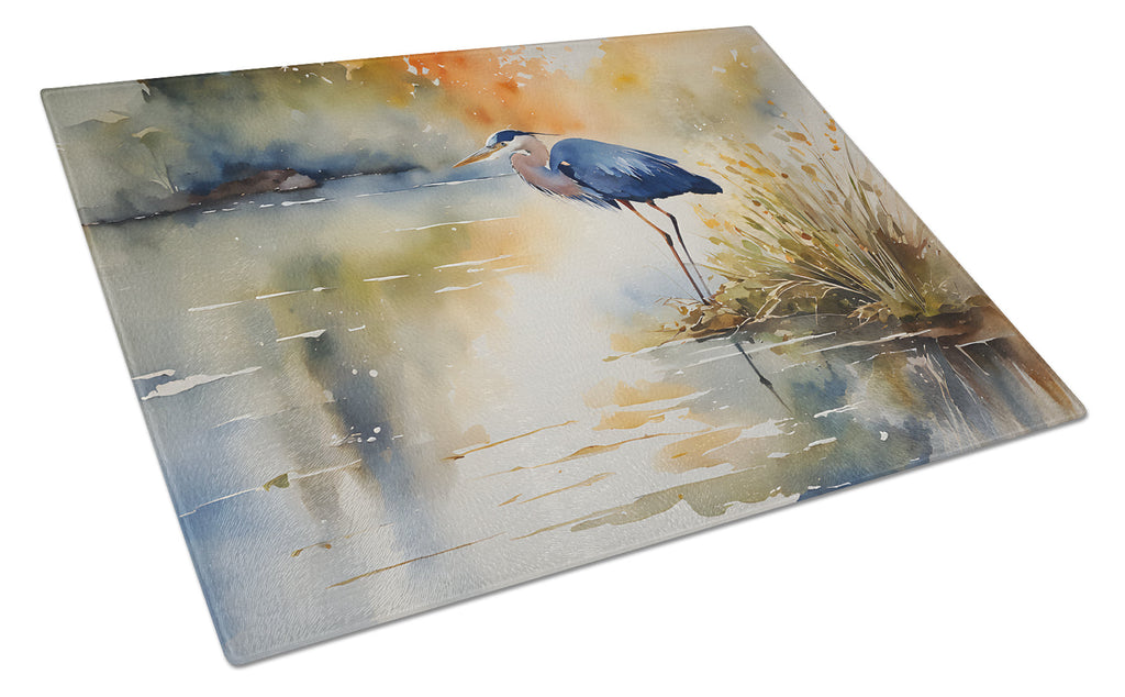 Blue Heron Cutting Board Tempered Glass Kitchen Cutting Surface, Heat Resistant Chopping, Non-Slip Feet, Food Prep & Serving