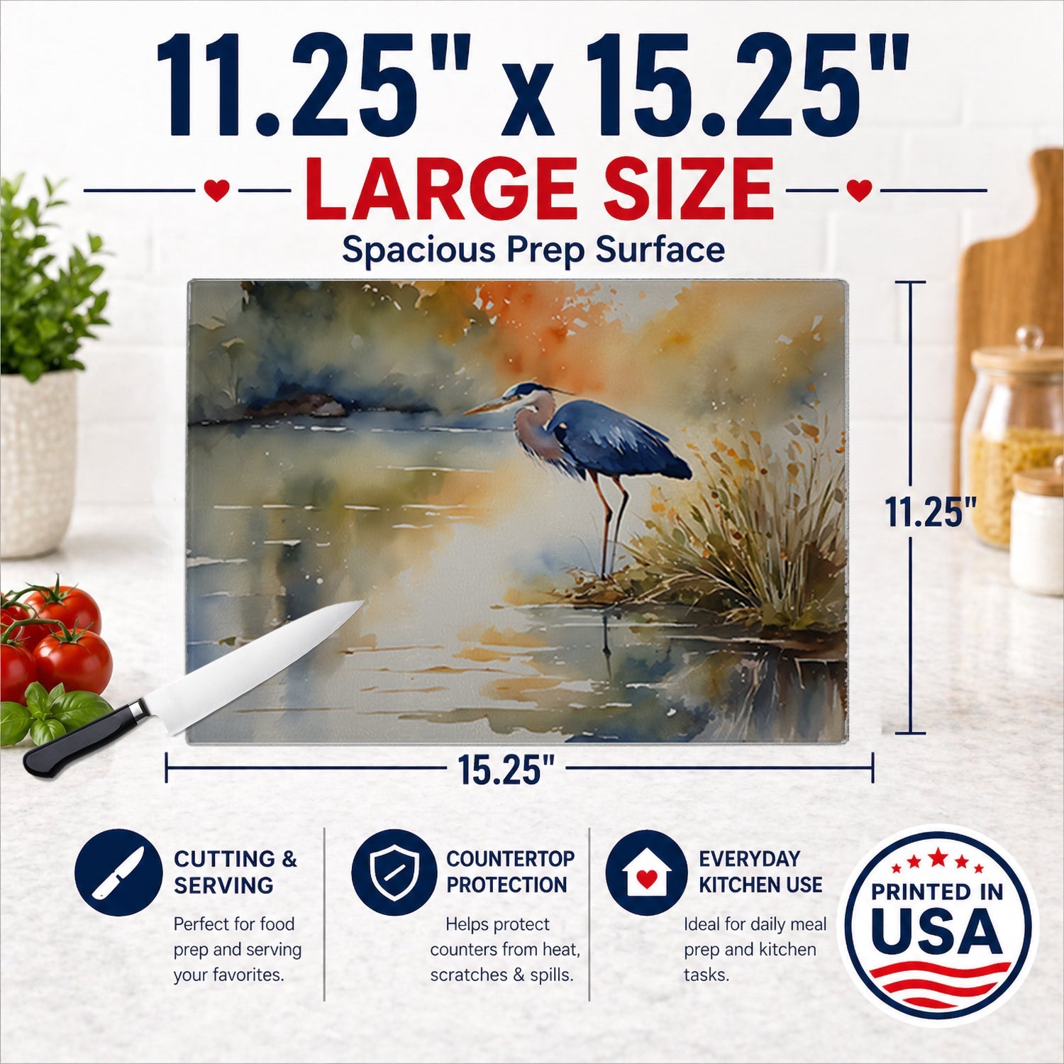 Blue Heron Cutting Board Tempered Glass Kitchen Cutting Surface, Heat Resistant Chopping, Non-Slip Feet, Food Prep & Serving
